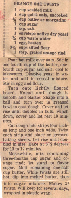 Recipe Clipping For Orange Oat Twists