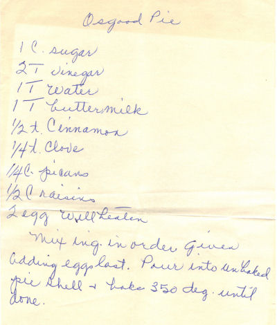 Handwritten Recipe For Osgood Pie