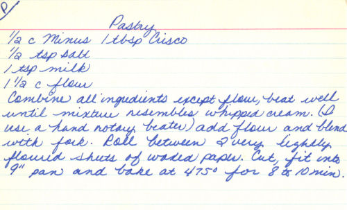 Handwritten Recipe Card For Pie Pastry