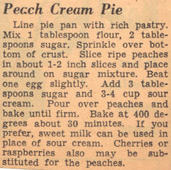 Recipe Clipping For Peach Cream Pie