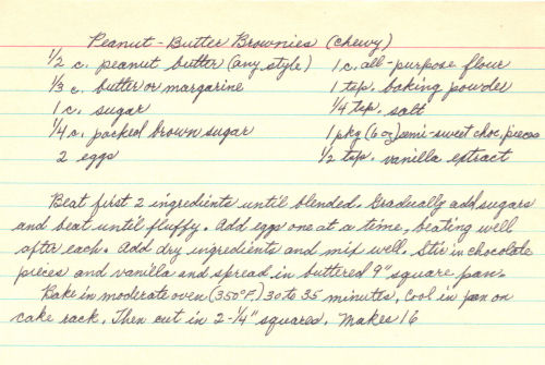 Handwritten Recipe Card For Peanut Butter Brownies