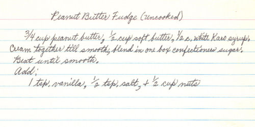 Handwritten Recipe For Uncooked Peanut Butter Fudge
