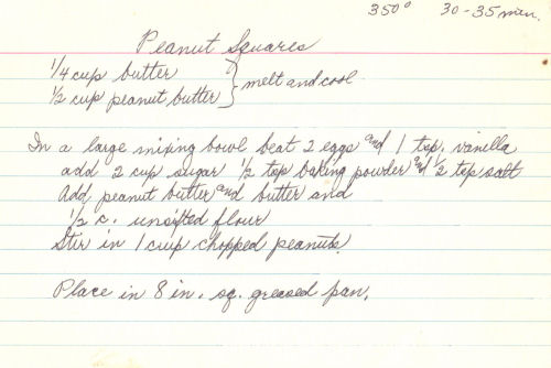 Handwritten Recipe Card For Peanut Squares