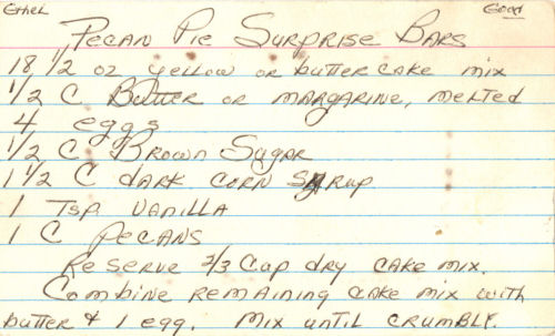 Handwritten Recipe Card For Pecan Pie Surprise Bars