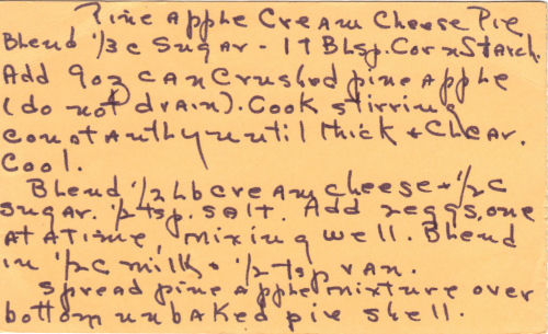 Handwritten Recipe Card For Pineapple Cream Cheese Pie