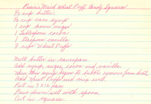 Handwritten Recipe Card For Wheat Puff Candy