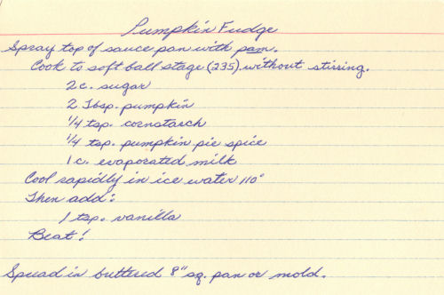 Handwritten Recipe Card For Pumpkin Fudge