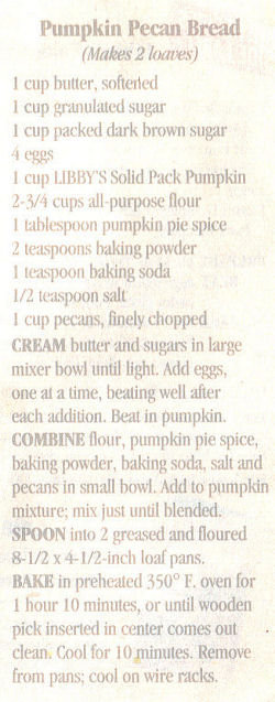 Recipe Clipping For Pumpkin Pecan Bread