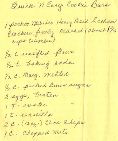 Handwritten Recipe For Quick 'N Easy Cookie Bars