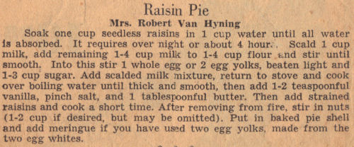 Recipe Clipping For Raisin Pie