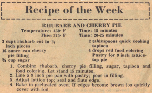 Recipe Clipping For Rhubarb & Cherry Pie