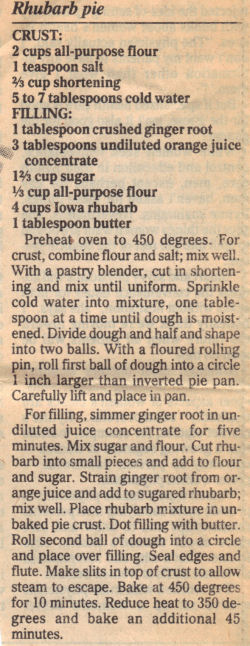 Recipe Clipping For Rhubarb Pie