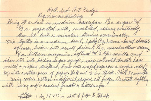 Handwritten Recipe For Roll And Cut Fudge