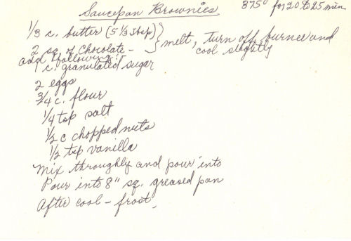 Handwritten Recipe For Saucepan Brownies