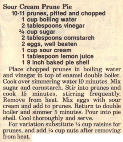 Recipe Clipping For Sour Cream Prune Pie