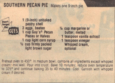 Recipe Clipping For Southern Pecan Pie
