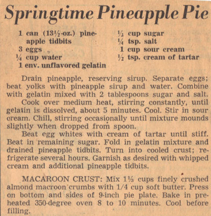 Recipe Clipping For Springtime Pineapple Pie