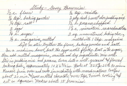 Handwritten Recipe Card For Sticky Gooey Brownies