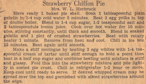 Recipe Clipping For Strawberry Chiffon Pie