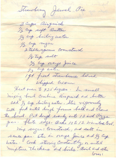 Handwritten Recipe For Strawberry Jewel Pie