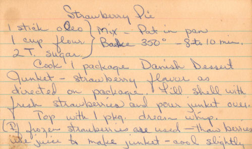 Vintage Recipe Card For Strawberry Pie