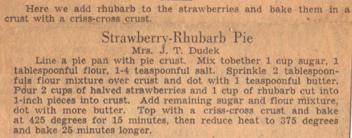 Vintage Recipe Clipping For Strawberry-Rhubarb Pie