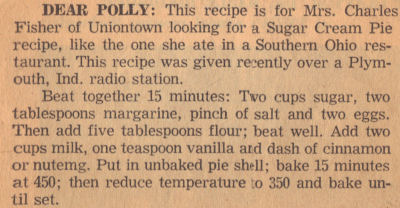 Vintage Recipe Clipping For Sugar Cream Pie