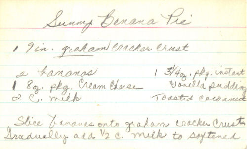 Handwritten Recipe Card For Sunny Banana Pie