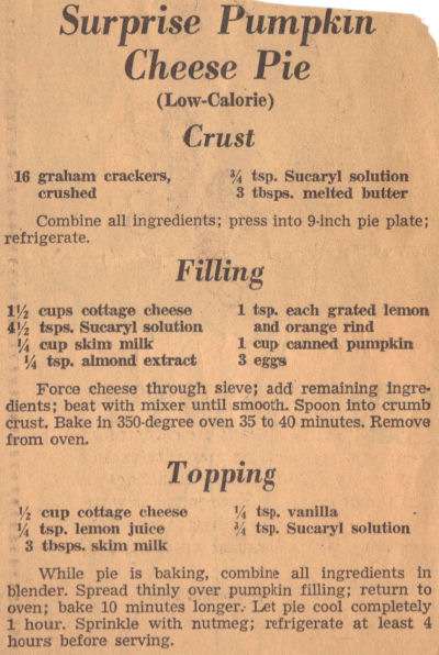 Recipe Clipping For Surprise Pumpkin Cheese Pie