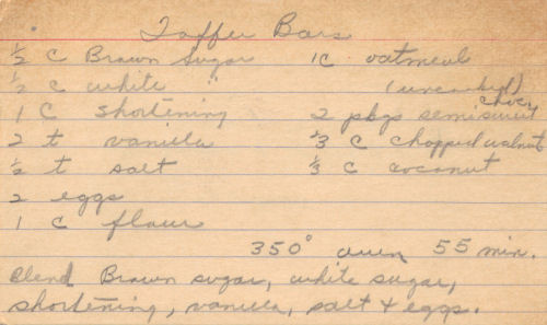 Handwritten Recipe Card For Toffee Bars