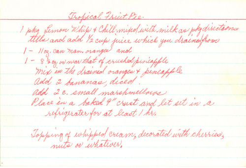 Handwritten Recipe For Tropical Fruit Pie