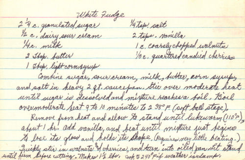 Handwritten Recipe Card For White Fudge