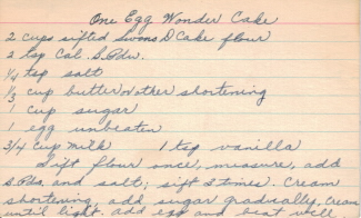 One Egg Wonder Cake Handwritten Recipe Card - Click To View Larger Image