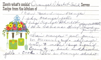 Orange Sherbet Salad Handwritten Recipe Card - Click To View Large
