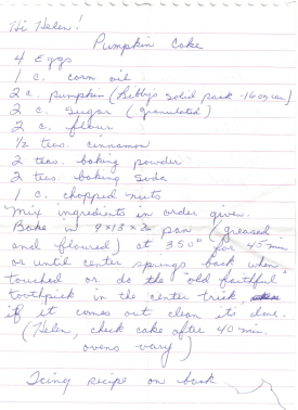 Handwritten Pumpkin Cake Recipe - Click To View Larger