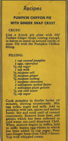 Vintage Pumpkin Chiffon Pie Recipe Clipping
