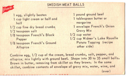 Swedish Meat Balls Recipe Card